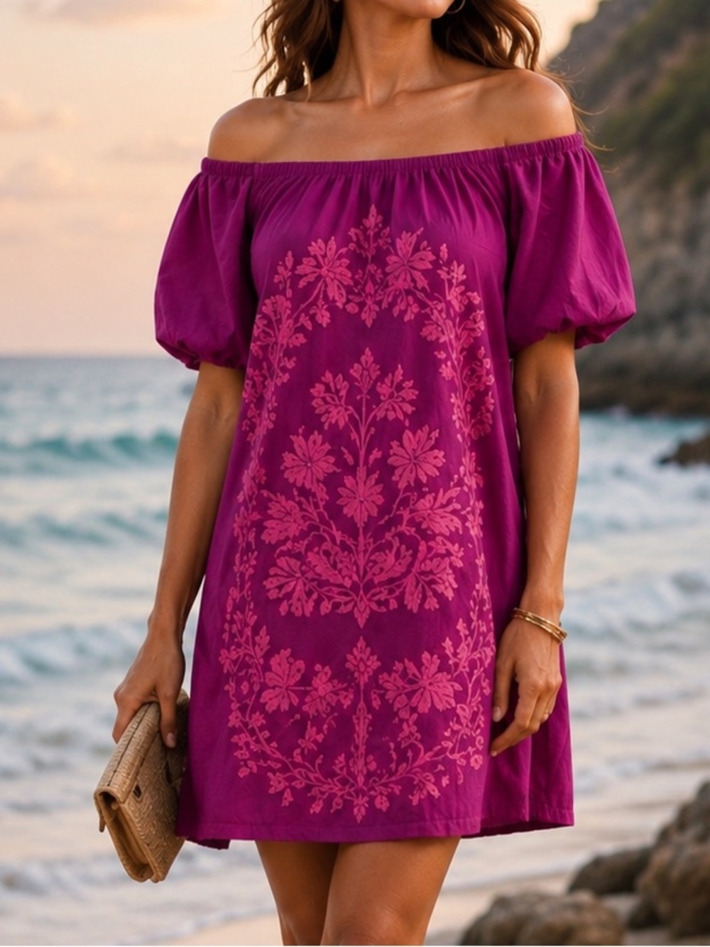 EUC Free People Purple On Off Shoulders Puff Sleeve Mini Dress embroidery size M